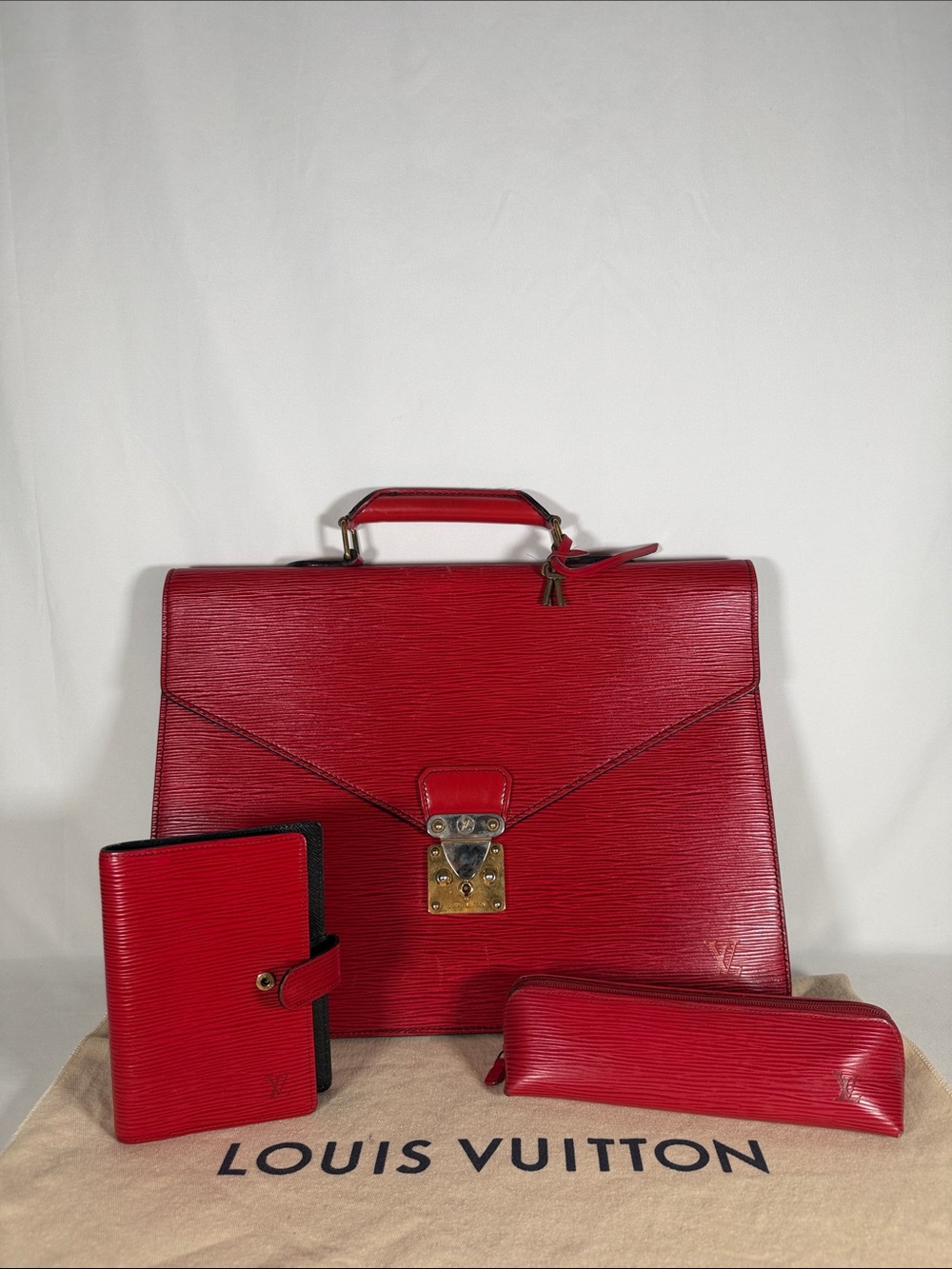Louis Vuitton Red Epi Briefcase, Keys, Pen Case, & Agenda